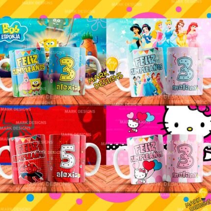 Plantillas Cumpleaños de Dibujos Tazas