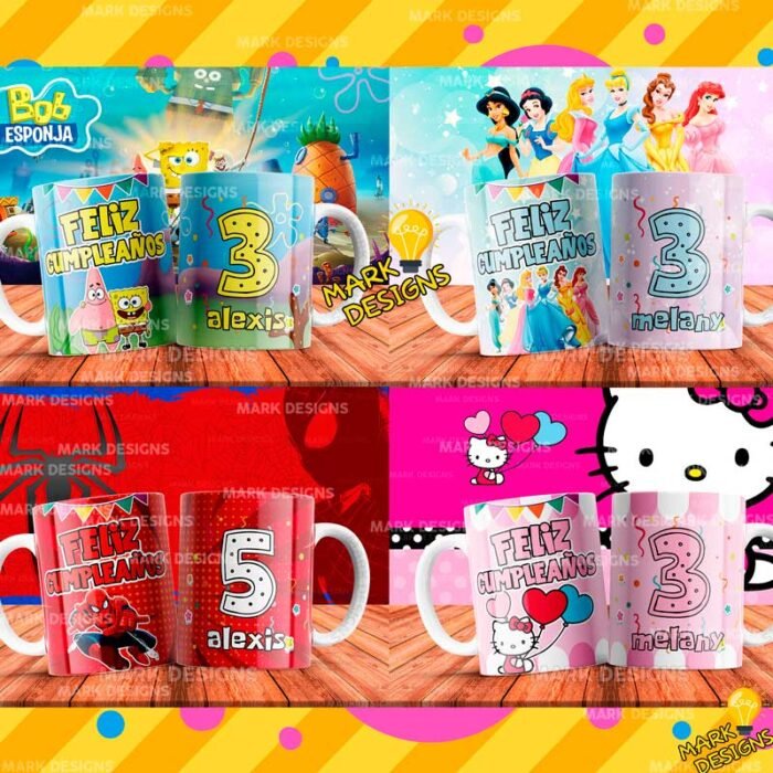 Plantillas Cumpleaños de Dibujos Tazas
