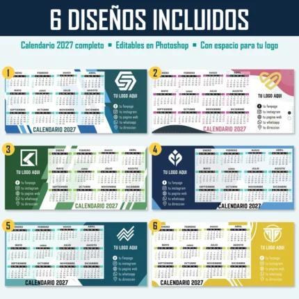 Las 6 plantillas de calendario empresarial 2027 para tazas, editables en PSD