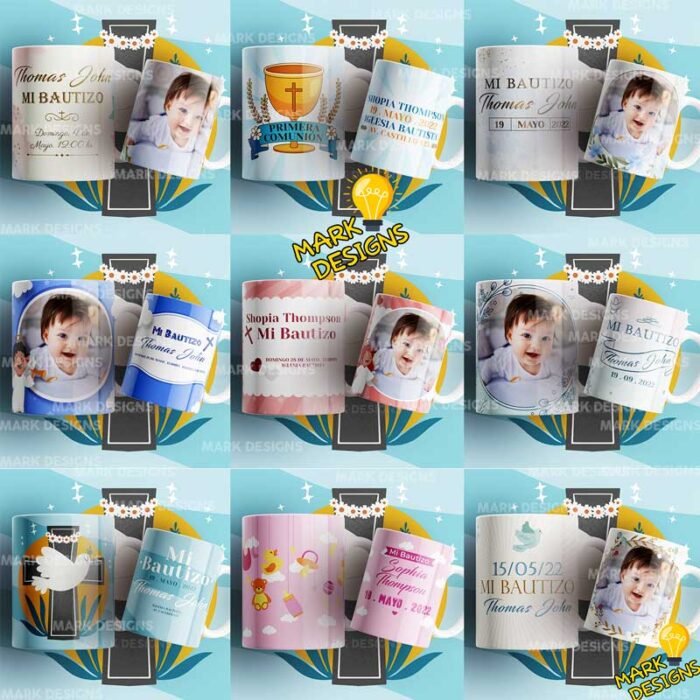 Plantillas Bautizo Tazas Primera Comunión Editables