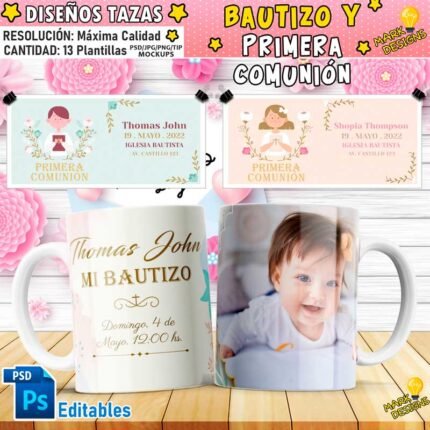 Plantillas Bautizo Tazas Primera Comunión Editables