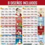Las 8 plantillas de calendario 2027 navideño para tazas, editables en PSD