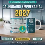 Tazas con plantilla de calendario empresarial 2027 con espacio para logo y redes sociales