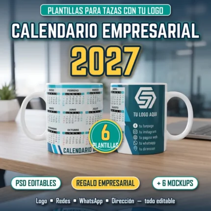 Tazas con plantilla de calendario empresarial 2027 con espacio para logo y redes sociales