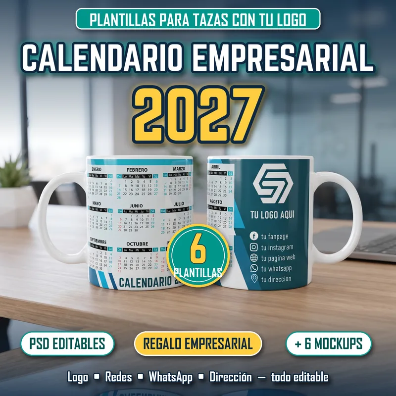 Calendario Empresarial 2027 para Tazas – 6 Plantillas Tazas con plantilla de calendario empresarial 2027 con espacio para logo y redes sociales