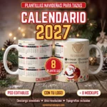 Tazas con plantilla de calendario navideño 2027 con espacio para logo y redes sociales