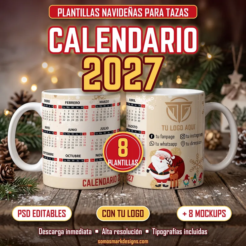 Calendario Navideño 2027 para Tazas – 8 Plantillas Editables Tazas con plantilla de calendario navideño 2027 con espacio para logo y redes sociales