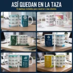 Mockups de tazas sublimadas con calendario empresarial 2027 en oficina