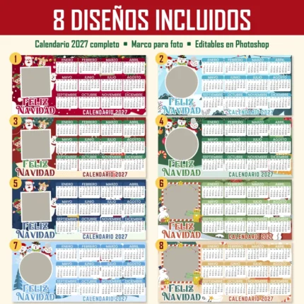 Las 8 plantillas de calendario navideño 2027 con marco para foto, editables en PSD