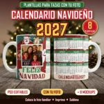 Tazas con calendario navideño 2027 y marco para foto familiar