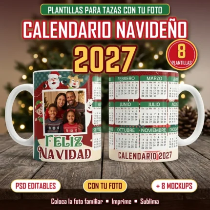 Tazas con calendario navideño 2027 y marco para foto familiar