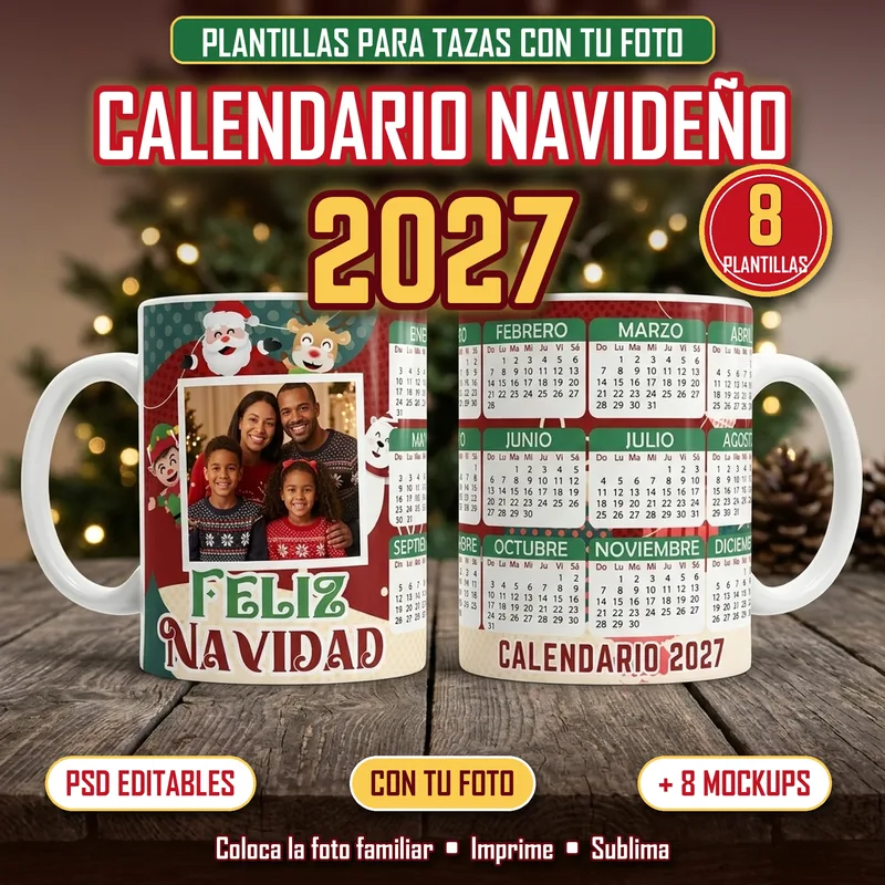 Calendario Navideño 2027 con Foto para Tazas – 8 Plantillas Tazas con calendario navideño 2027 y marco para foto familiar