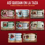 Mockups de tazas sublimadas con calendario 2027 y foto familiar navideña