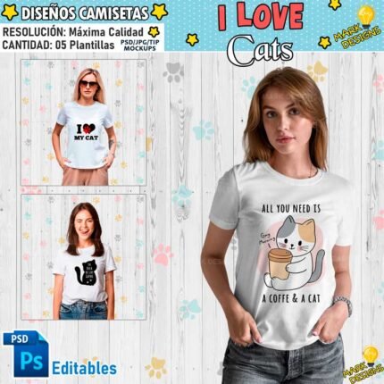 DISEÑOS PARA SUBLIMAR CAMISETAS I LOVE CATS