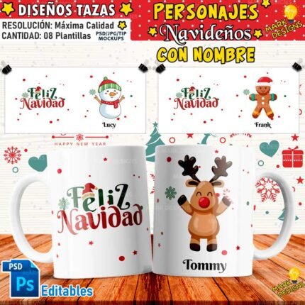 Diseños Navideños con Nombre para Tazas