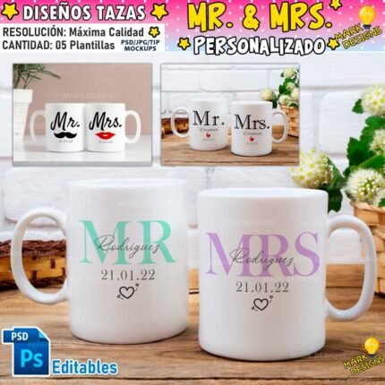 Diseños Mr. Mrs. Tazas Personalizados Editables