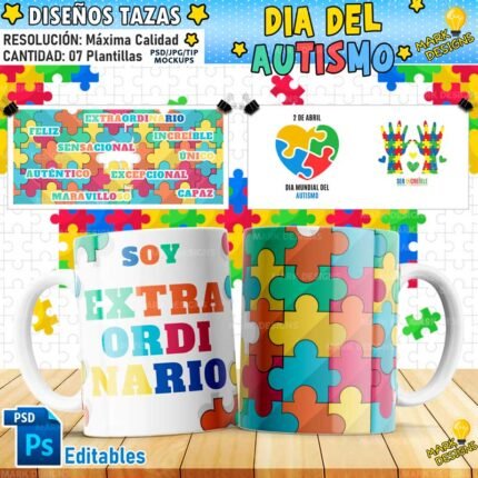 Dia del Autismo Tazas Diseños Editables