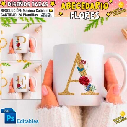 Plantillas Flores Abecedario Tazas