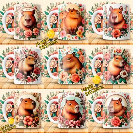 Taza capibara plantilla con flores