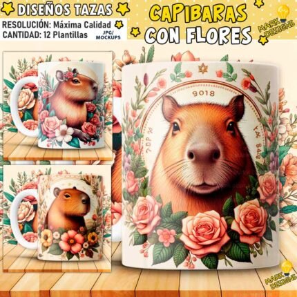 Taza capibara plantilla con flores