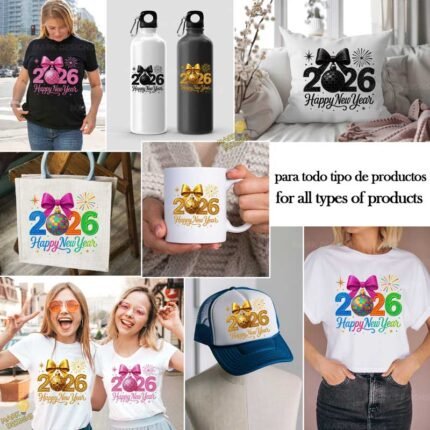 4 Diseños Happy New Year 2026 PNG para Sublimación