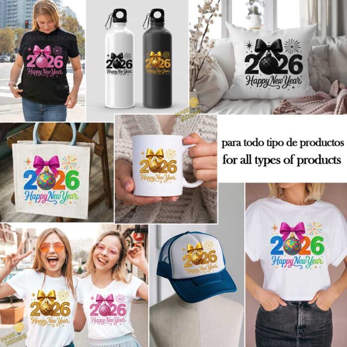 4 Diseños Happy New Year 2026 PNG para Sublimación