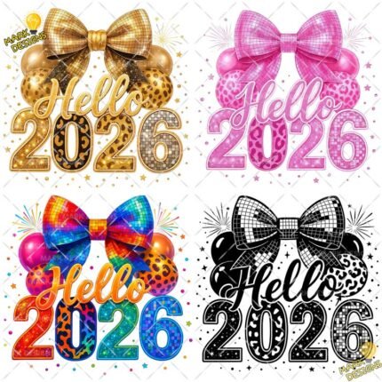 4 Diseños Hello 2026 PNG para Sublimación