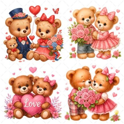 4 Osos San Valentín con Flores PNG Enamorados