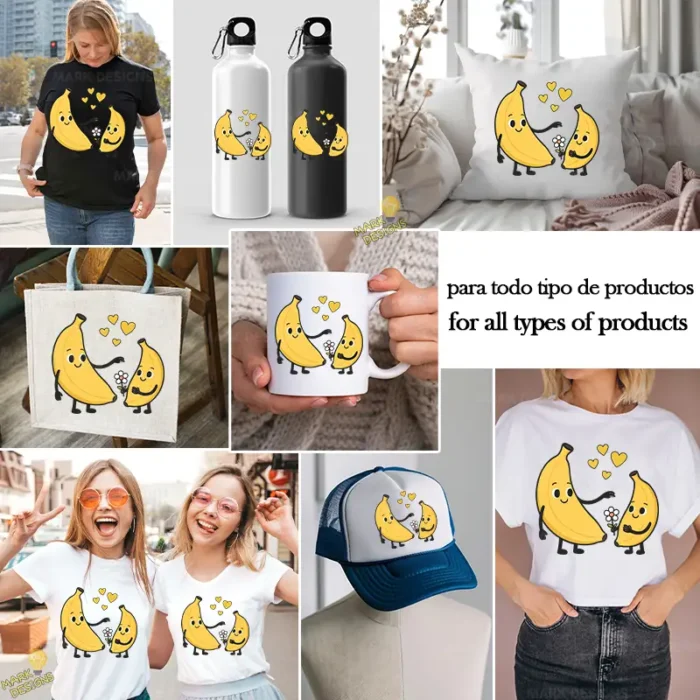 Bananas Mamá e Hijo con Flor y Corazones - Diseño Vectorial y PNG 4K