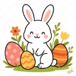 Conejito Kawaii con Huevos de Pascua y Flores – Diseño Vectorial y PNG 4K