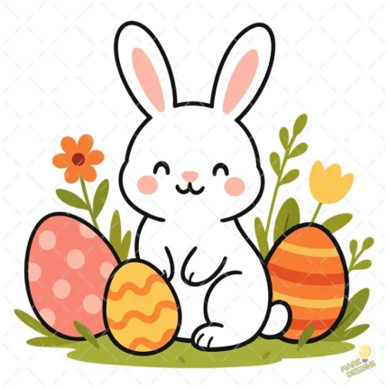 Conejito Kawaii con Huevos de Pascua y Flores – Diseño Vectorial y PNG 4K