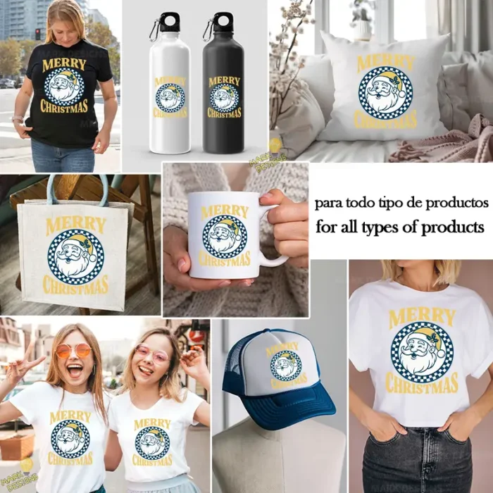 Emblema Retro Santa Claus Merry Christmas con Borde de Cuadros – Vector y PNG 4K