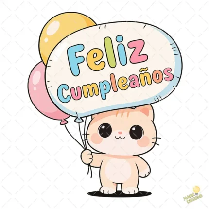 Gatito Feliz Cumpleaños con Globos - Diseño Vectorial y PNG 4K