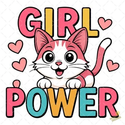 Gatito Girl Power con Corazones - Diseño Vectorial Kawaii y PNG 4K