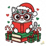 Gatito Lector Navideño con Gafas y Libros – Diseño Vectorial Gratis y PNG 4K