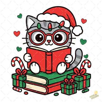 Gatito Lector Navideño con Gafas y Libros – Diseño Vectorial Gratis y PNG 4K