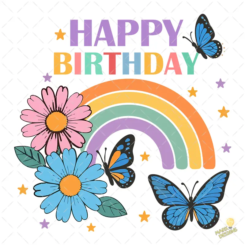 Happy Birthday Arcoíris con Mariposas y Flores – Vector y PNG 4K Happy Birthday Arcoíris con Mariposas y Flores – Vector y PNG 4K
