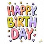 Happy Birthday Estilo Burbuja con Estrellas – Diseño Vectorial y PNG 4K