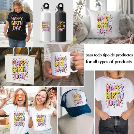 Happy Birthday Estilo Burbuja con Estrellas – Diseño Vectorial y PNG 4K