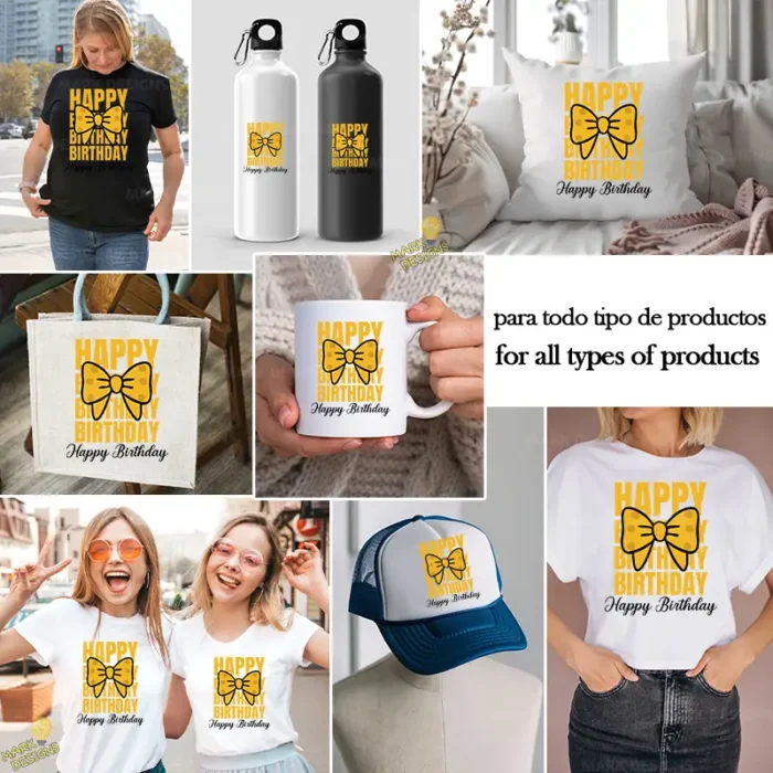 Happy Birthday con Moño Amarillo – Diseño Vectorial Coquette y PNG 4K