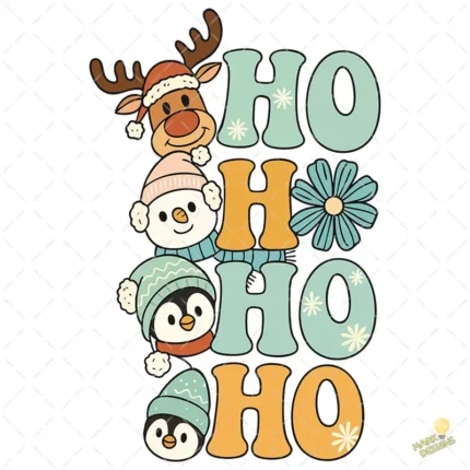 Ho Ho Ho Navideño con Reno, Muñeco de Nieve y Pingüinos – Vector y PNG 4K
