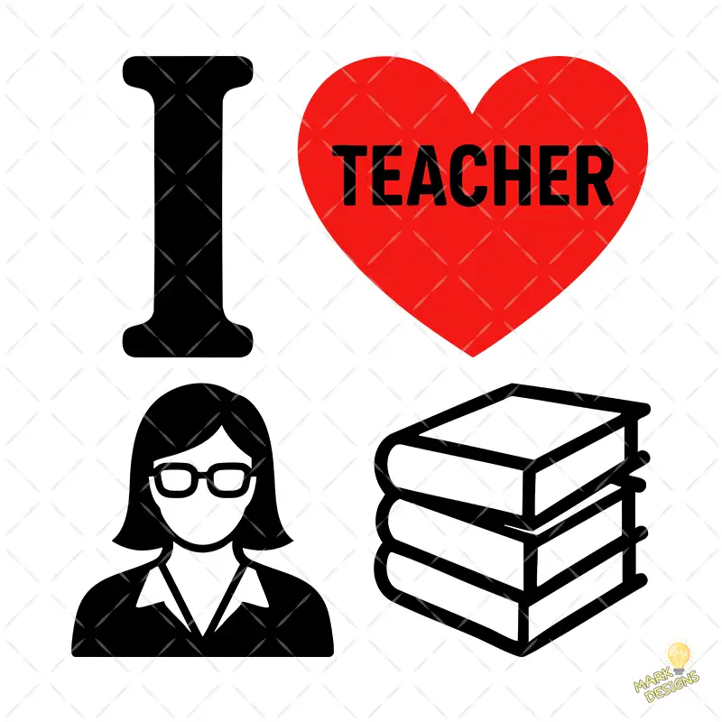 I Love Teacher con Silueta de Maestra y Libros – Diseño Vectorial y PNG 4K I Love Teacher con Silueta de Maestra y Libros – Diseño Vectorial y PNG 4K
