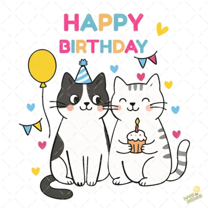 Ilustración Pareja de Gatos Fiesta Cumpleaños - Formato AI SVG PNG 4K