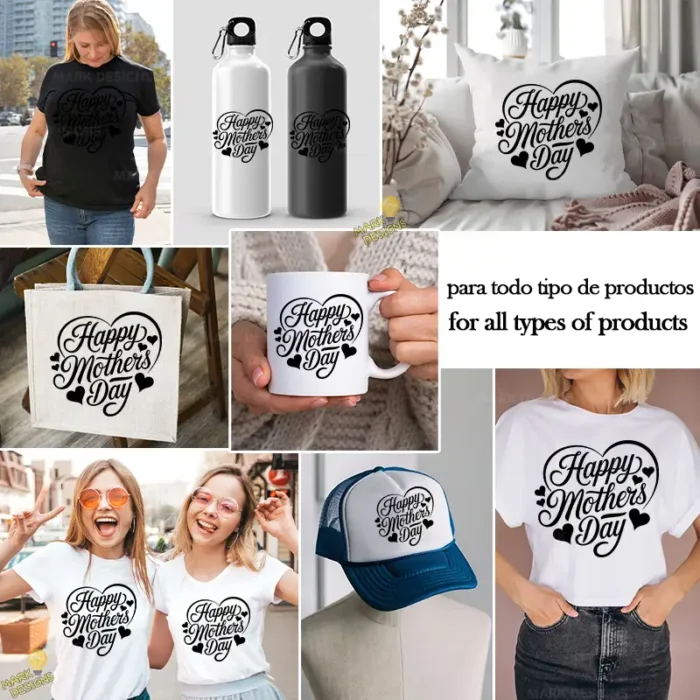 Lettering Happy Mother's Day con Detalles de Corazón – AI SVG PNG 4K