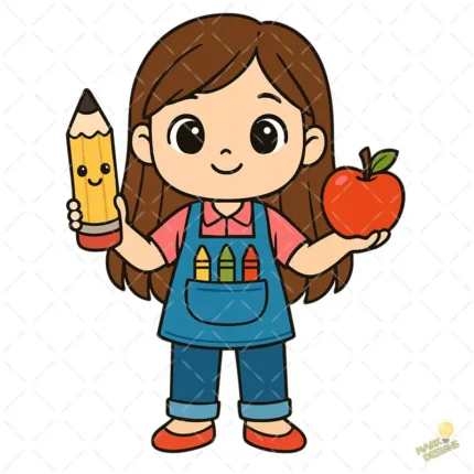 Maestra Jardinera con Lápiz Kawaii y Manzana – Diseño Vectorial y PNG 4K