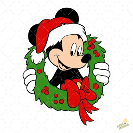 Mickey Mouse en Corona Navideña con Gorro de Santa – Diseño Vectorial y PNG 4K