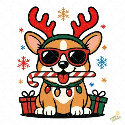 Perro Corgi Navideño con Gafas de Sol y Cuernos de Reno – Vector y PNG 4K