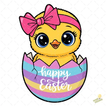 Pollito de Pascua en Huevo a Rayas Happy Easter – Vector y PNG 4K