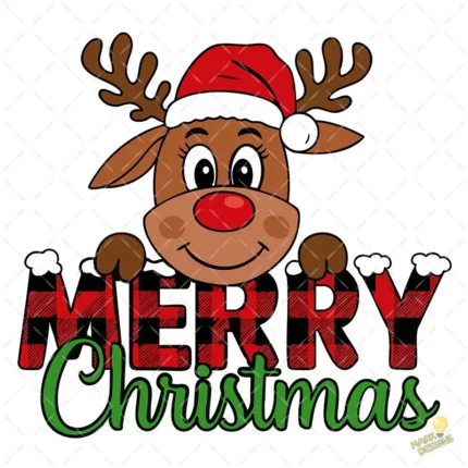 Reno Navideño con Gorro de Santa y Letras Plaid – Vector y PNG 4K