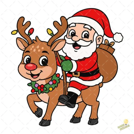Santa Claus Montando Reno con Saco de Regalos – Vector y PNG 4K